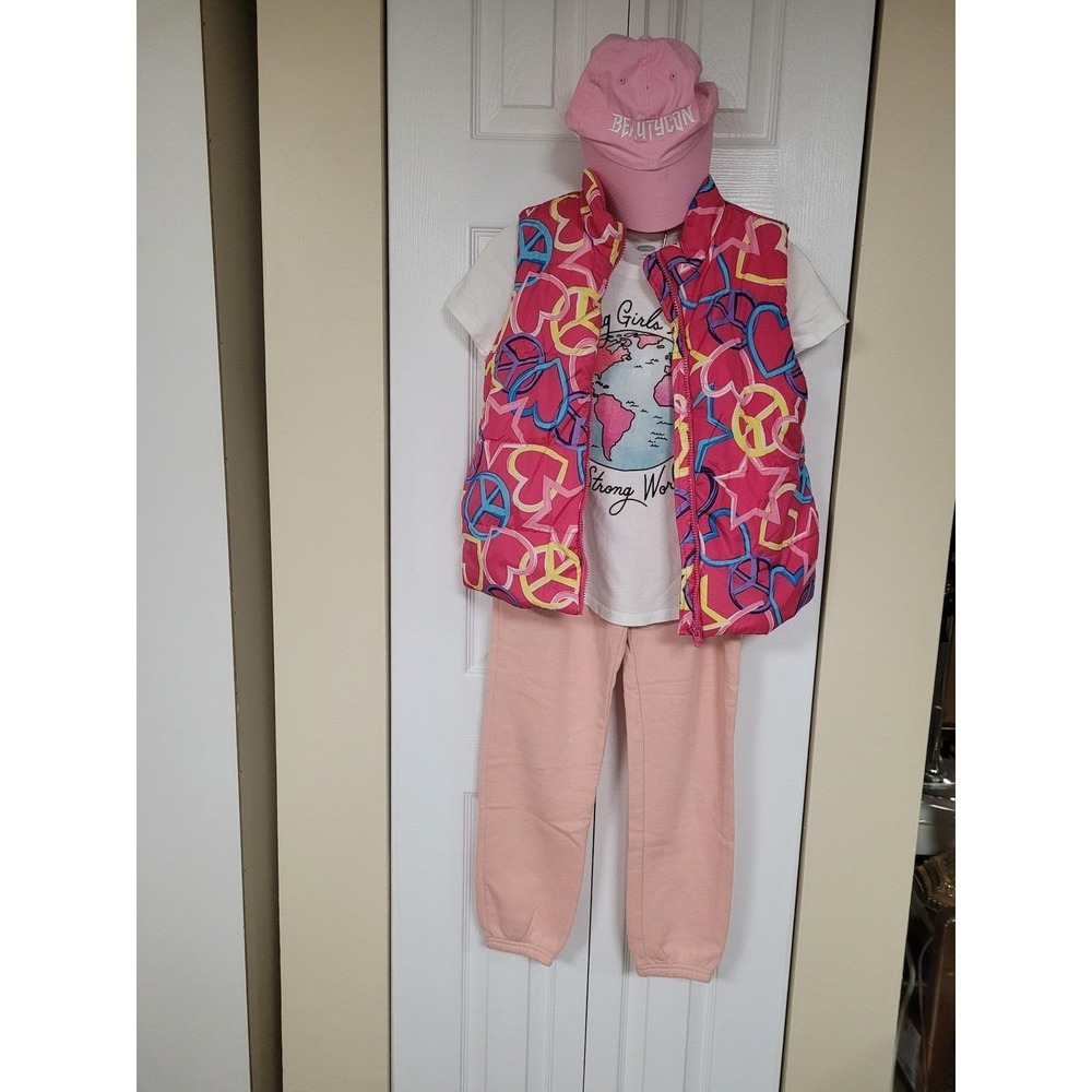 The Childrens Place Pink Peace Vest Set T-Shirt Size L Joggers Size 14 With Cap